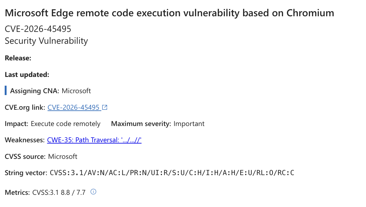 Microsoft security advisory for CVE-2026-45495, an Important Chromium-based Edge remote code execution vulnerability caused by CWE-35 path traversal, with a CVSS 3.1 score of 8.8