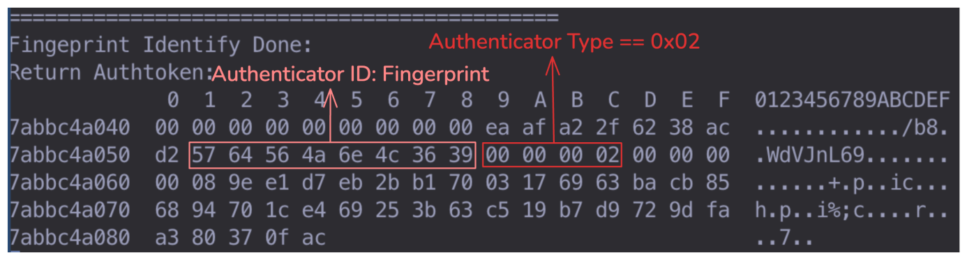Annotated hexdump of an AuthToken issued by a fingerprint TA, Authenticator Type 0x02, same User SID as the gatekeeper token