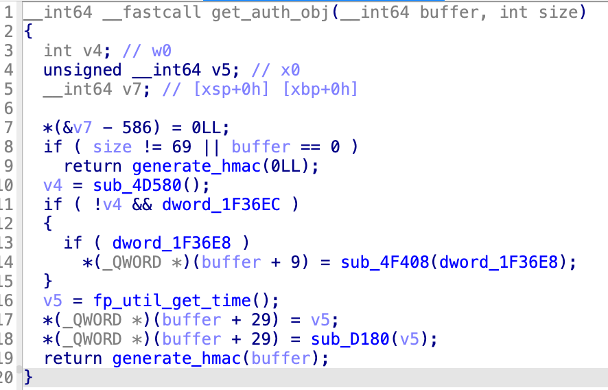 Decompiled get_auth_obj: checks only that size == 69, then calls generate_hmac on the caller-supplied buffer