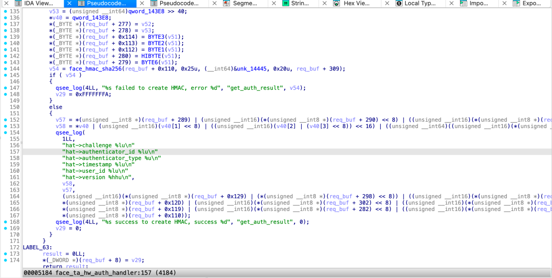 Decompiled get_auth_result handler in a Qualcomm-platform face TA: builds and signs an AuthToken with no validation, logging the fields