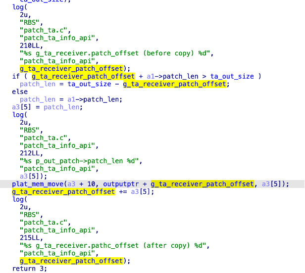 Decompiled patch_ta_info_api: a bound check that uses the REE-controlled ta_out_size, enabling an arbitrary-offset read