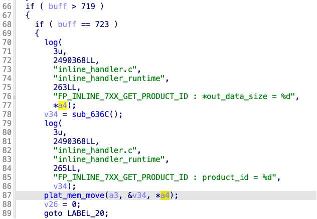 Decompiled inline_handler_runtime command 723: plat_mem_move copies a 4-byte stack local with a REE-controlled length