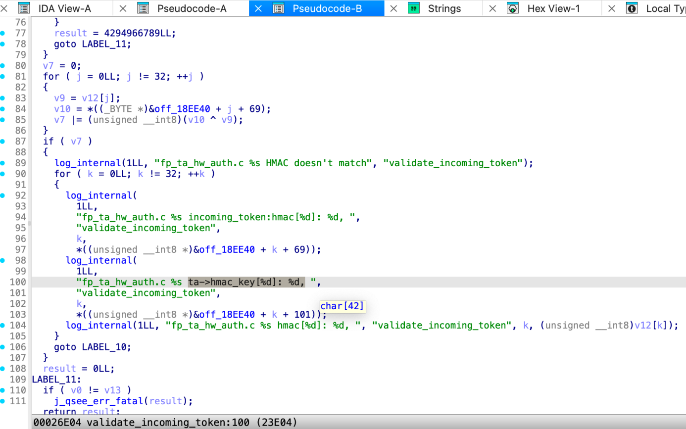 Decompiled validate_incoming_token: on HMAC mismatch it logs ta->hmac_key byte by byte