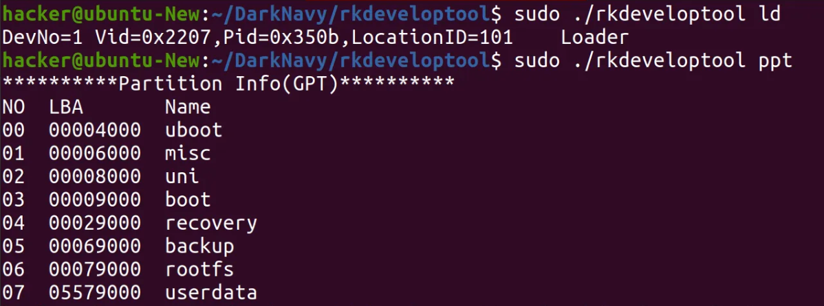 Firmware partition information displayed by rkdeveloptool