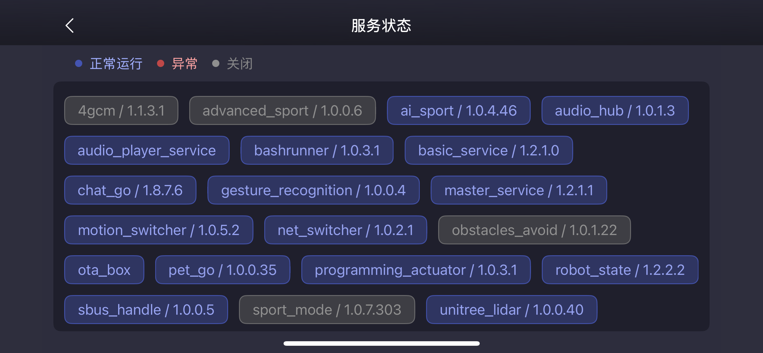 Service status list in Unitree GO APP