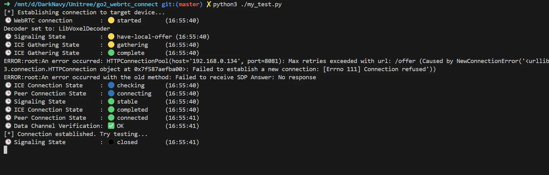 Successfully established a WebRTC connection with the GO2 within the local network.